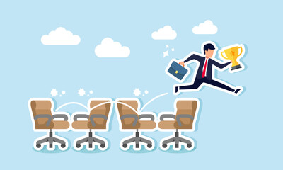 A businessman is jumping over a series of office chairs while holding a trophy, illustrating a step-by-step process in building the best business in his field