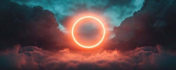 Obraz premium A captivating view of a solar eclipse surrounded by colorful clouds, creating a dramatic celestial scene.