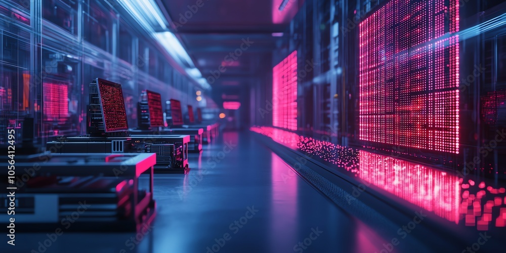Aufkleber A futuristic, neon lit corridor with rows of computers and glowing server racks.