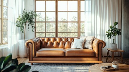 Hyperrealistic photo of a bright living room with a vintage leather sofa and rustic wooden furniture, flooded with natural light from large windows. The cozy, stylish setting is styled like a luxury