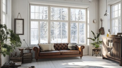 Hyperrealistic photo of a cozy living room with a vintage leather sofa, rustic accents, and large windows letting in natural light. The bright, comfortable setting is styled like a luxury magazine