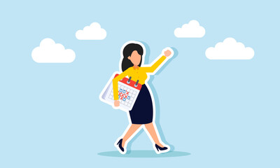 A businesswoman walks carrying a calendar schedule, illustrating business project completion aligned with the project timeline schedule