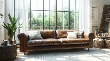 Hyperrealistic photo of a stylish living room with a vintage leather sofa as the centerpiece, complemented by rustic decor and large windows allowing natural light to flood the space. The bright