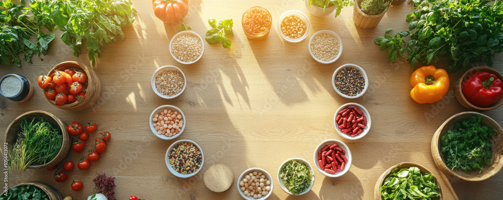 Poster a table full of different types of vegetables and fruits. the table is arranged in a circle, with a 
