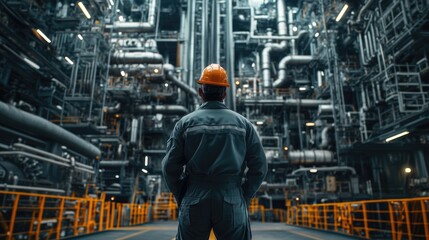 Hyperrealistic photo of an offshore technician standing in front of complex rig machinery, ensuring all systems are functional. The image is styled like a sleek magazine cover, professionally