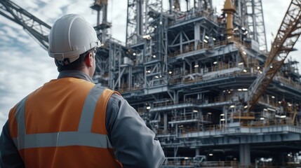 Fototapeta premium Hyperrealistic photo of an engineer overseeing the operation of an offshore oil platform, with large cranes and equipment in view. Professionally color-graded and styled like a high-end lifestyle