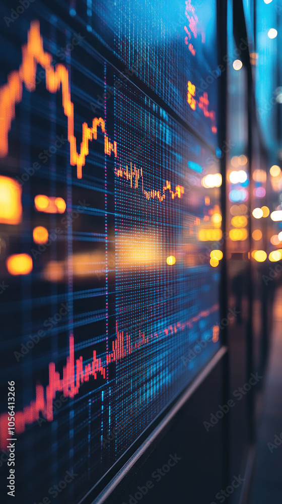 Poster a computer screen shows a graph of stock prices. the graph is colorful and has a lot of lines, makin