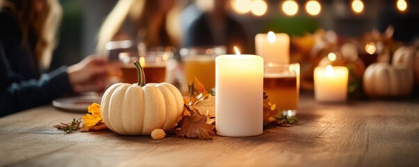 Fototapeta premium A cozy autumn table setting featuring pumpkins and glowing candles, perfect for fall gatherings and festive celebrations.
