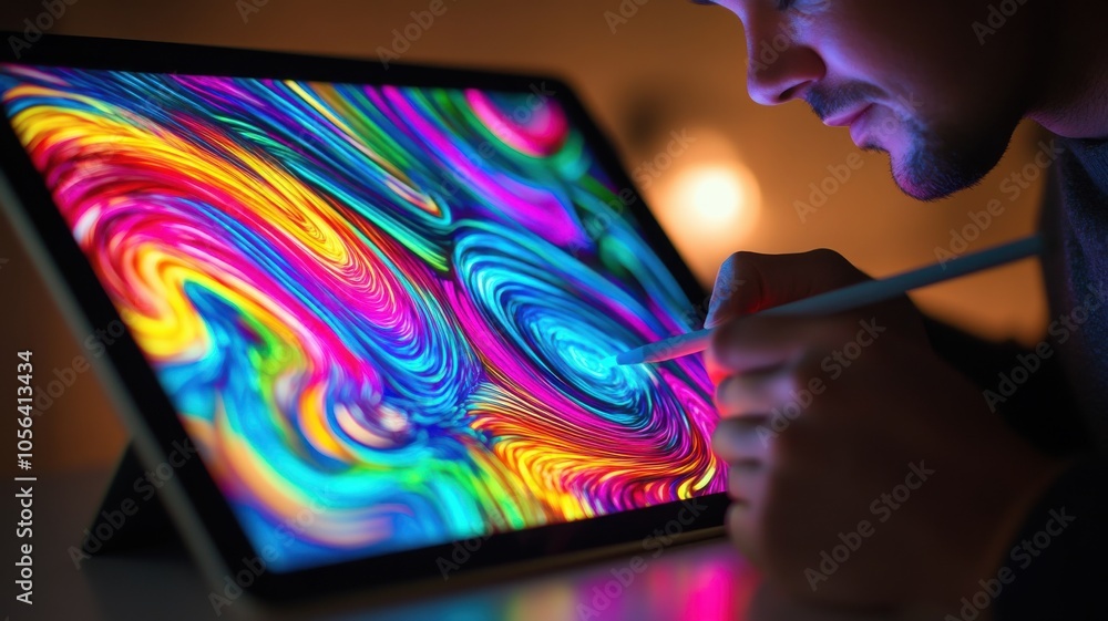 Poster a creative individual using a tablet to create vibrant and colorful digital art with a stylus in a d