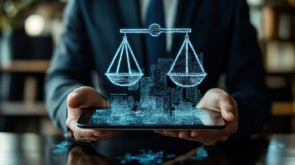 Exploring financial challenges: businessman uses a tablet to project the realities of bankruptcy