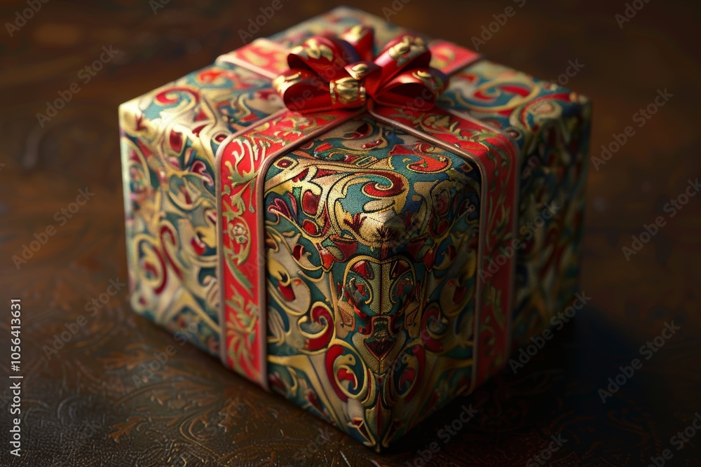 Poster a box with a red bow on top of it. the box is decorated with gold and blue patterns
