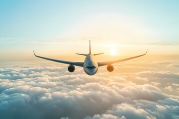 Obraz premium Airplane Flying Above Clouds at Sunrise