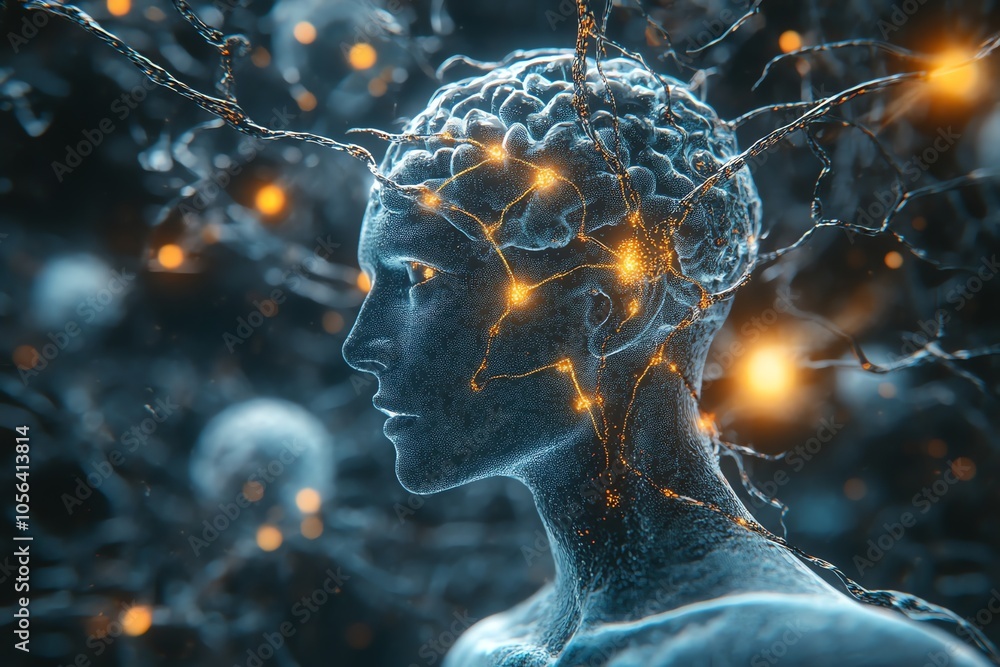 Poster A 3D rendering of a human head with glowing neurons and a complex neural network.