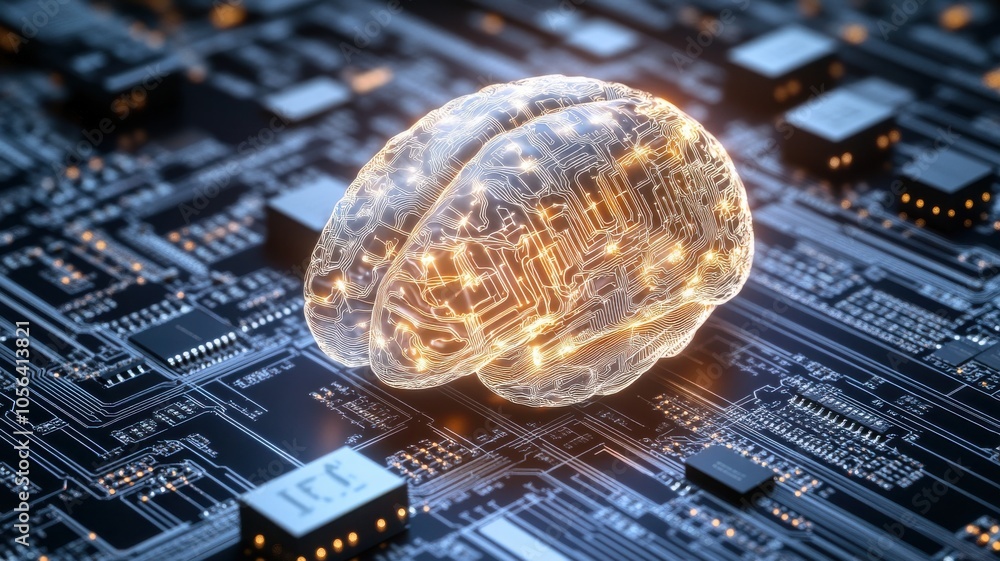 Poster a digital brain represents artificial intelligence, illuminated over a circuit board, symbolizing te