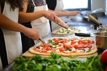 Friends in aprons, learning to make homemade pizzas from scratch in a fun and interactive cooking workshop