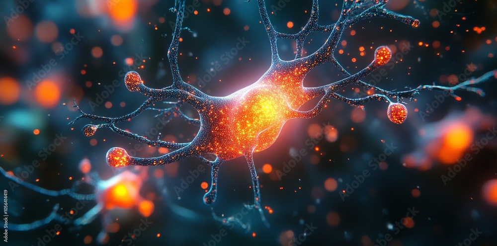 Poster A 3D illustration of a neuron, a nerve cell in the brain, with branching dendrites and axons. The neuron is glowing orange and is surrounded by a dark blue background with bokeh.