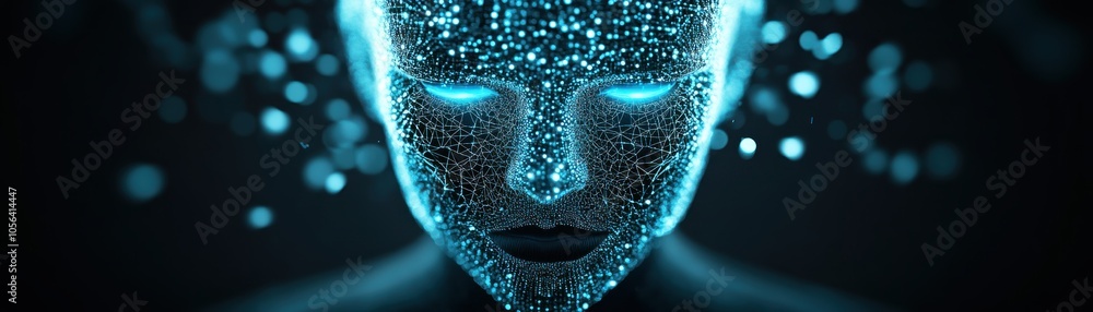 Poster a futuristic digital face illuminated by glowing details, representing artificial intelligence and t