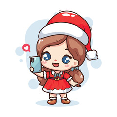 Cute little girl selfi , santa costume . Vector illustration.