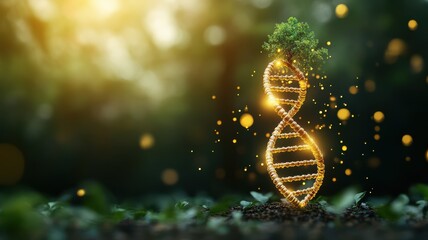 A glowing DNA strand intertwined with a plant, representing biotechnology and nature's harmony in a vibrant, magical forest.