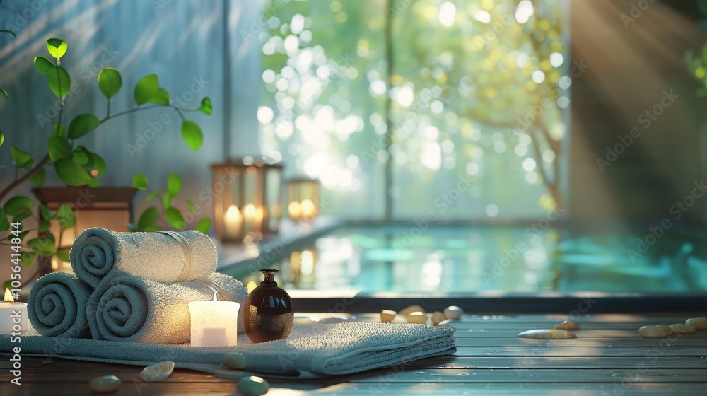 Poster a relaxing scene with a pool, candles, and towels. the candles are lit and the towels are neatly arr