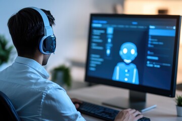 A professional oversees an AI customer service chatbot on a computer, ensuring the system provides accurate and timely responses to customer queries