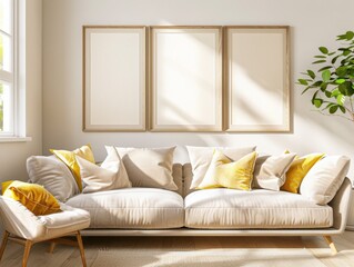 A modern living room with a white couch. yellow throw pillows. and three empty picture frames on the wall Sunlight streams through the window