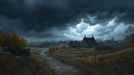 Naklejka premium Heavy clouds darkening the sky over a quiet town, with the wind beginning to blow and the rain approaching generative ai