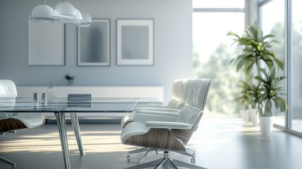High-resolution photorealistic image of a bright, contemporary boardroom featuring a polished glass table, stylish chairs, and minimalist decor The professional color grading enhances the luxurious,