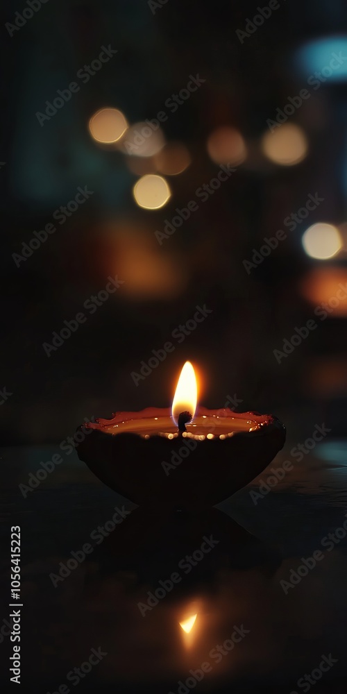 Poster a close-up of a single candle flame in a dark room, with soft bokeh lights in the background creatin