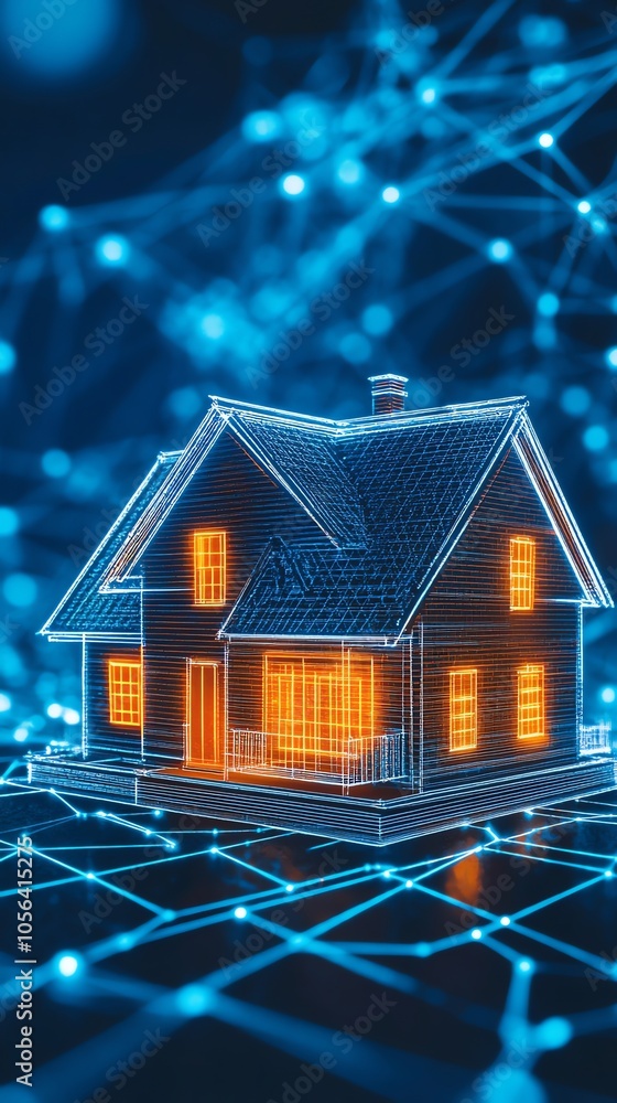 Poster a digital rendering of a house with warm lighting and a glowing mesh network background.