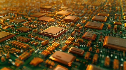 Obraz premium Advanced Technology Visualization: Printed Circuit Board Server with Glowing Code and Bokeh Effects