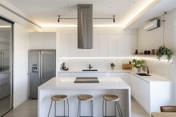 Fototapeta premium Minimalist white kitchen with cozy textures and contemporary design