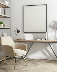A minimalist home office with a white desk. chair. and shelves There is a large blank frame on the wall. a lamp on the desk. and a laptop on the desk