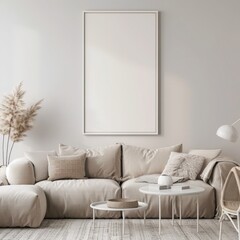 A minimalist living room with a beige sofa. a coffee table. a lamp. and a framed poster