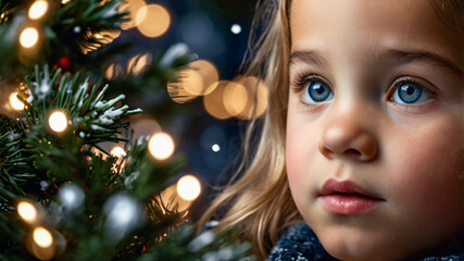 A close-up of a child's face as they gaze in wonder at a beautifully decorated Christmas tree, with individual snowflakes 
falling on their eyelashes and the reflection of the twinkling lights in thei