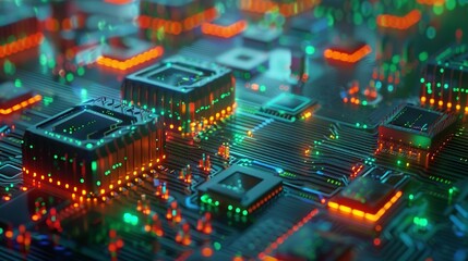 Obraz premium Advanced Technology Visualization: Printed Circuit Board Server with Glowing Code and Bokeh Effects