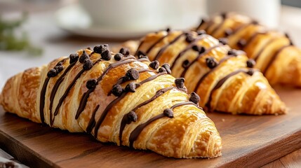 Trendy French sweet dessert pastry crookie, a hybrid of croissant with sweet butter cookies with chocolate drops dough baked filling and glaze Cookie Croissant
