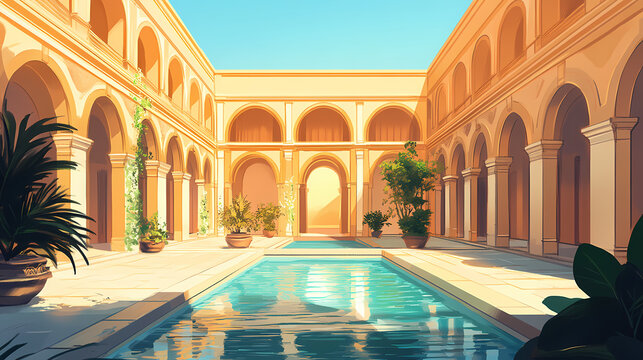 Roman atrium house central courtyard impluvium surrounding chambers. Moorish Courtyard. Illustration