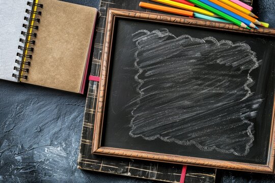 Back to school background with chalkboard, notebooks, and pencils, copy space for educational messages