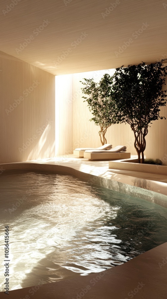 Aufkleber a pool with a tree in front of it. the pool is surrounded by a stone wall