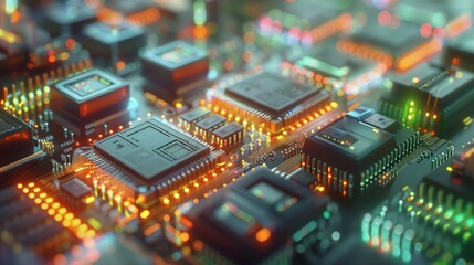 Obraz premium Dynamic Server Architecture: 3D Render of Circuit Board with Colorful Background and Code Processing