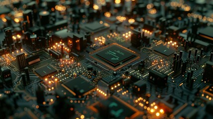 Obraz premium Illuminated Circuitry: Futuristic Server Design Featuring Colorful Bokeh and Code Processing Elements