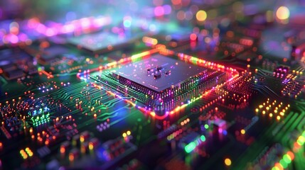 Obraz premium Illuminated Circuitry: Futuristic Server Design Featuring Colorful Bokeh and Code Processing Elements