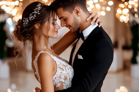 Vintage-style illustration of a couple exchanging a warm glance in a classic ballroom, capturing the timeless charm of attraction, symbolizing elegance and nostalgia