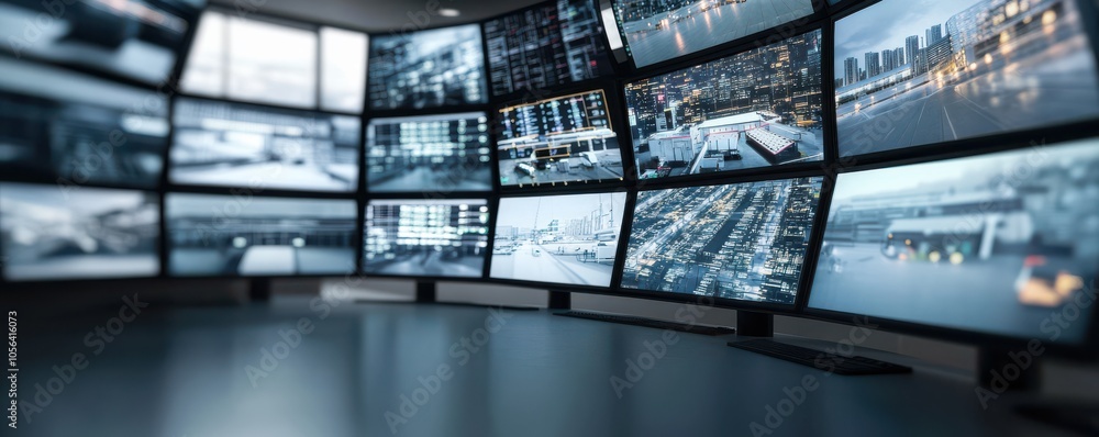 Poster a modern surveillance room featuring multiple screens displaying live feeds from various cameras.