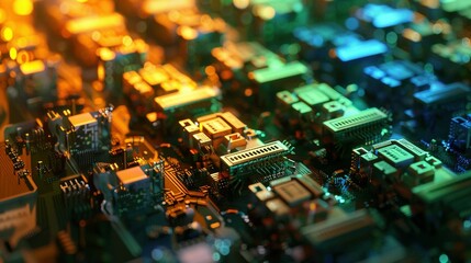 Obraz premium Illuminated Circuitry: Futuristic Server Design Featuring Colorful Bokeh and Code Processing Elements