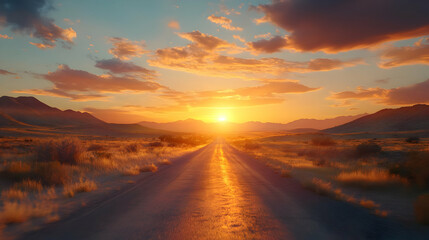 Golden Sunset Over Desert Road Landscape Photo