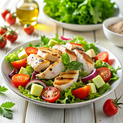 chicken salad with vegetables on the table on whit background