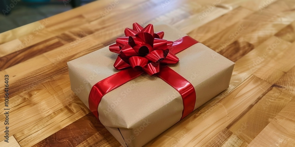 Poster a brown box with a red bow on top of it. the box is wrapped in red paper and has a red ribbon tied a