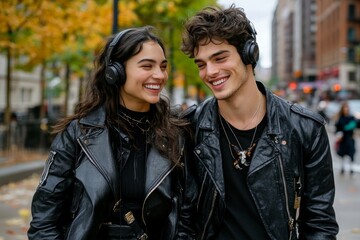 Fototapeta premium Young couple sharing headphones while walking in a city park, with happy, engaged expressions that capture the warmth of shared interests, symbolizing bonding and comfort